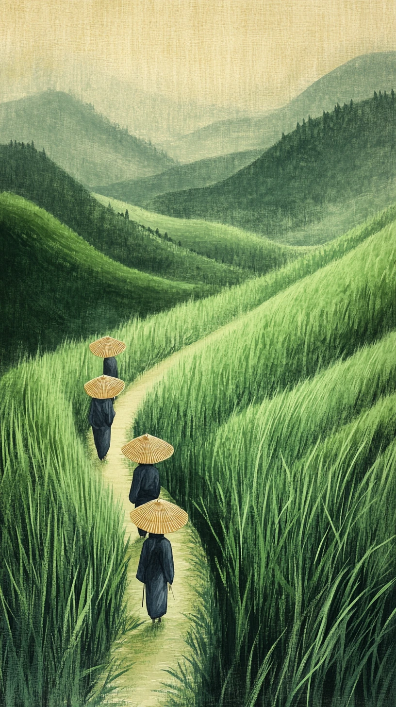 Figures In Conical Hats Crossing A Vast Green Wheat Field