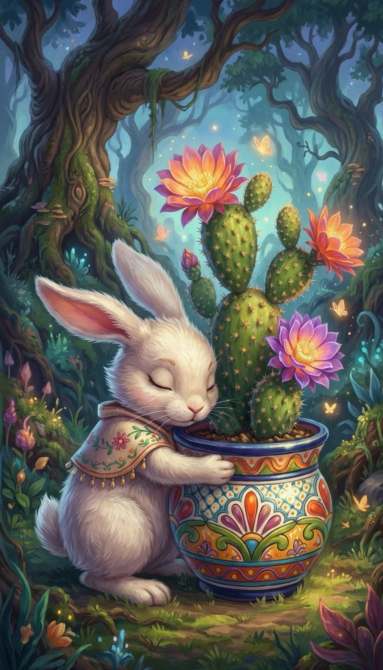 Conejo blanco antropomórfico abrazando una colorida maceta de cactus