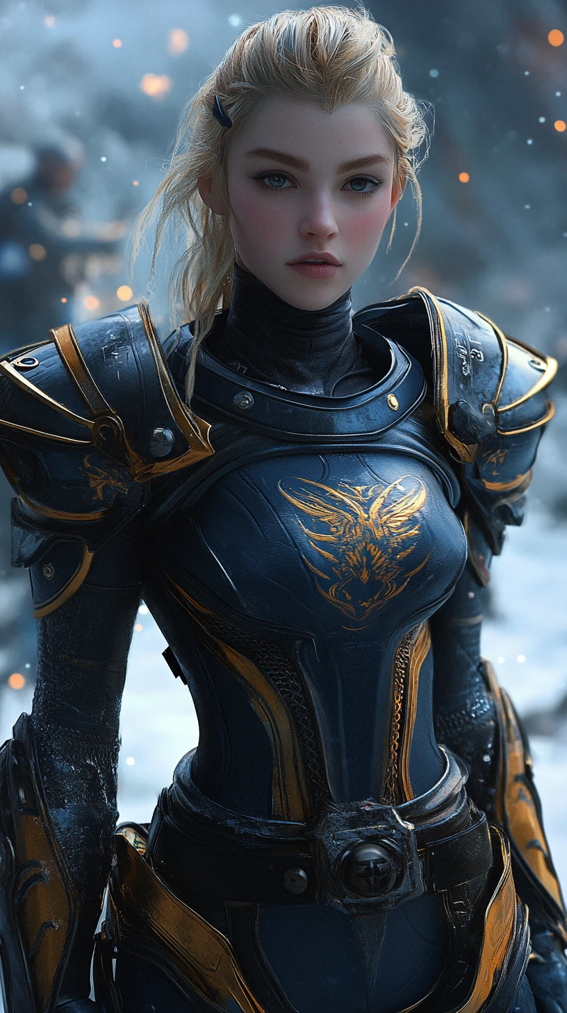 Blonde warrior woman in futuristic blue and gold armor