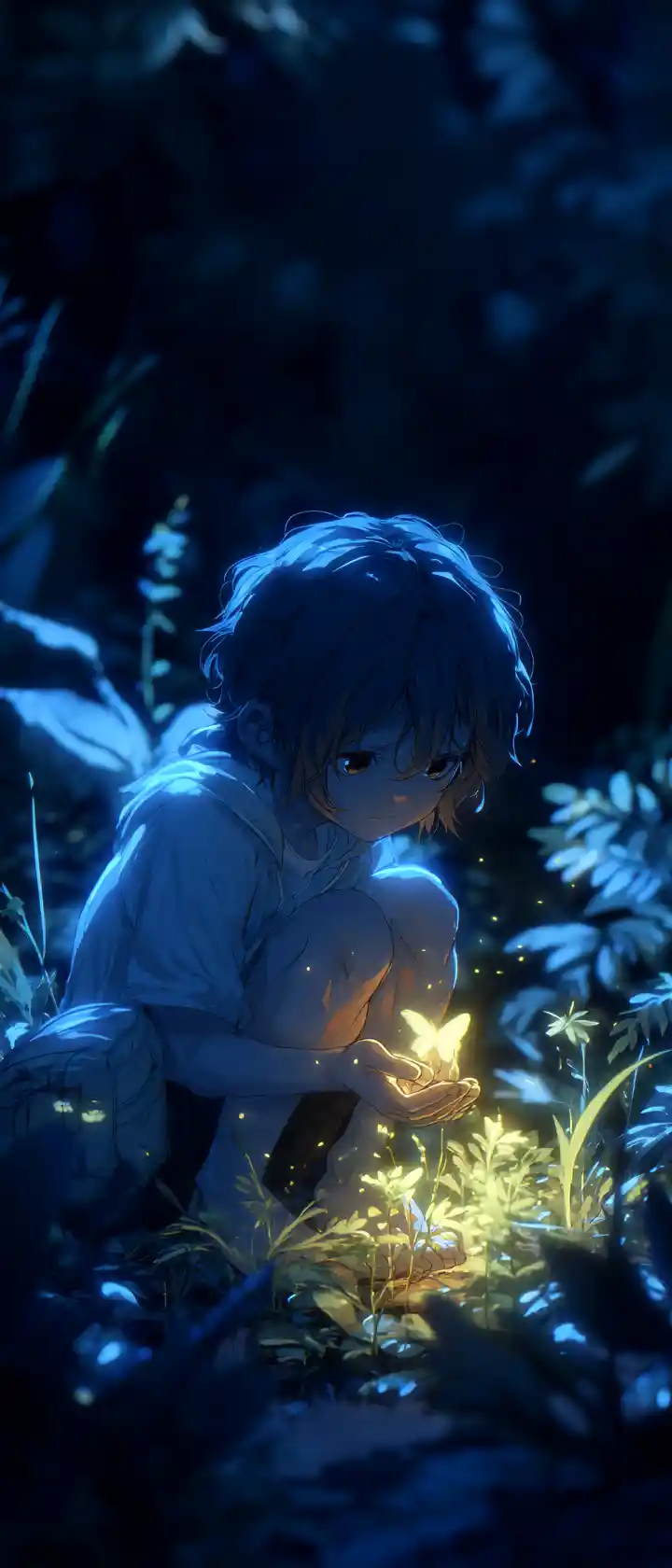 Moonlit Anime Child Cradling A Fading Firefly