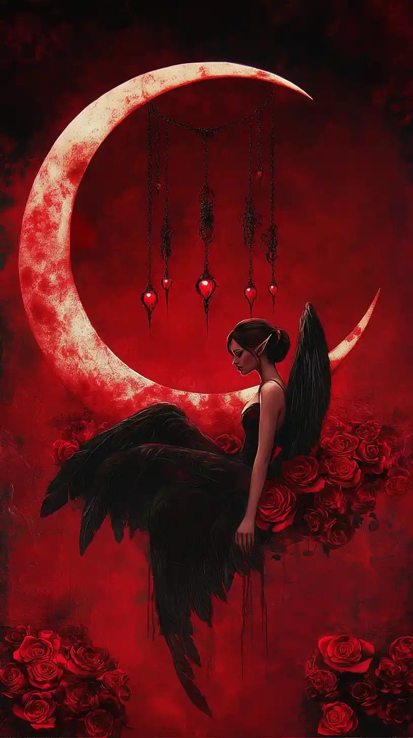 Dark winged fairy beneath a crimson crescent moon