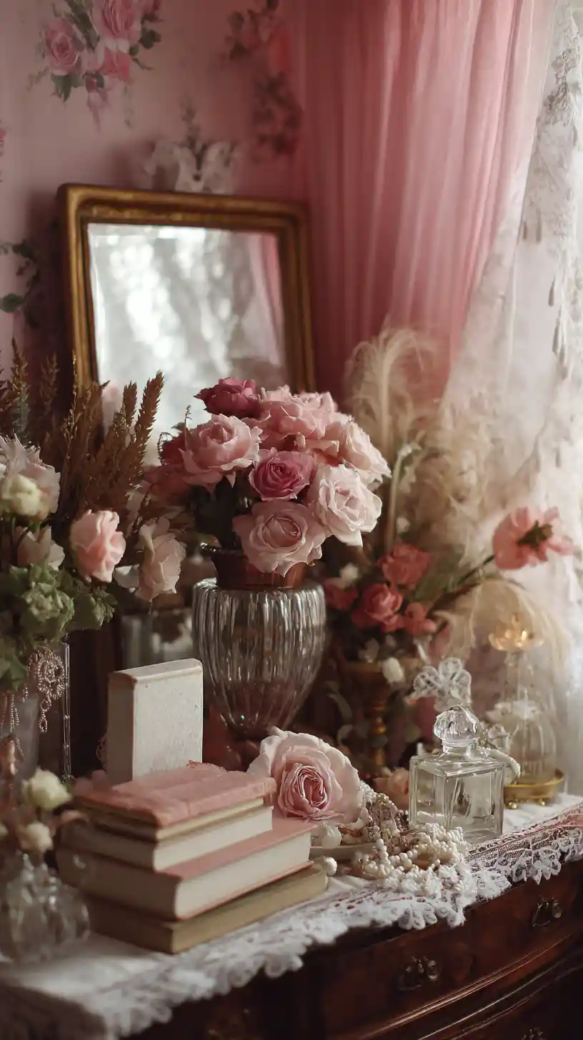 Rosa Rosen in einer Glasvase auf einem Vintage-Frisiertisch mit Perlen, Büchern und Parfümflakons.