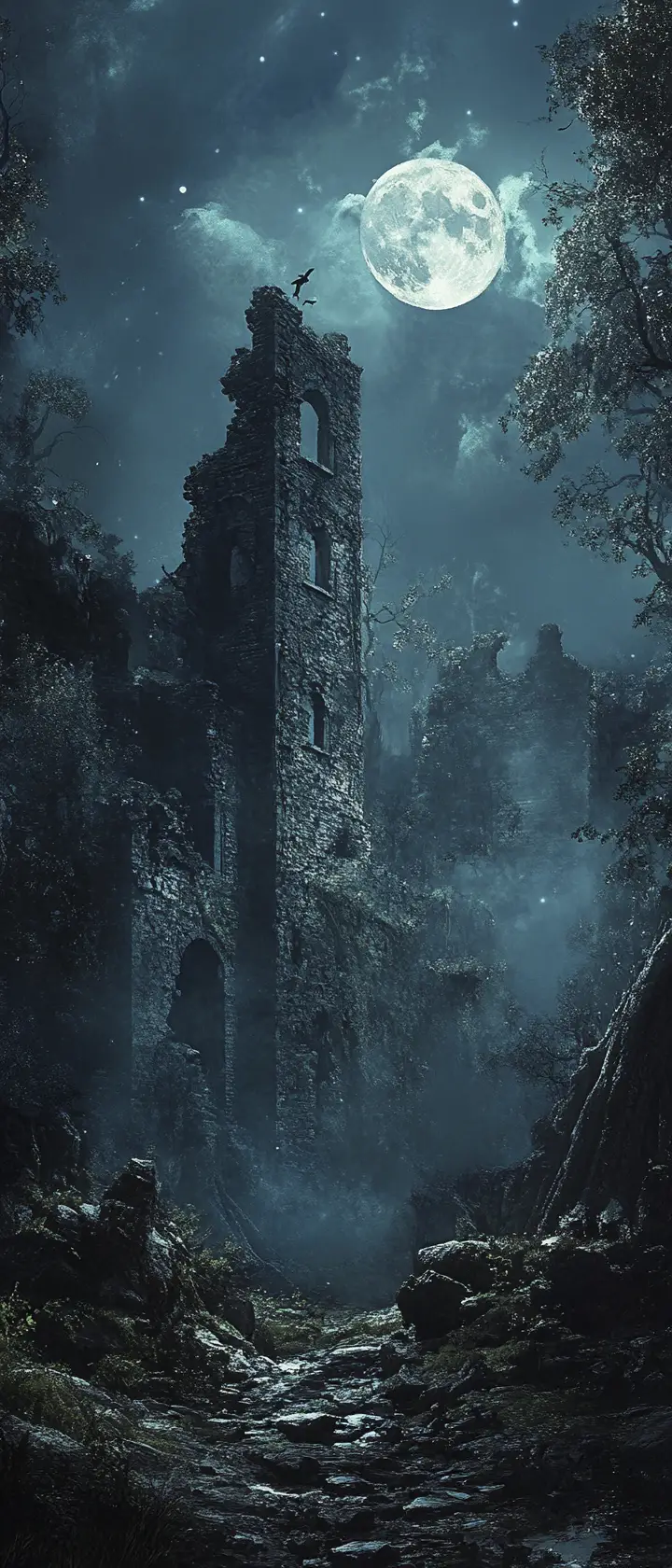 Dilapidated Castle Ruin Under Moonlight In Dark Forest