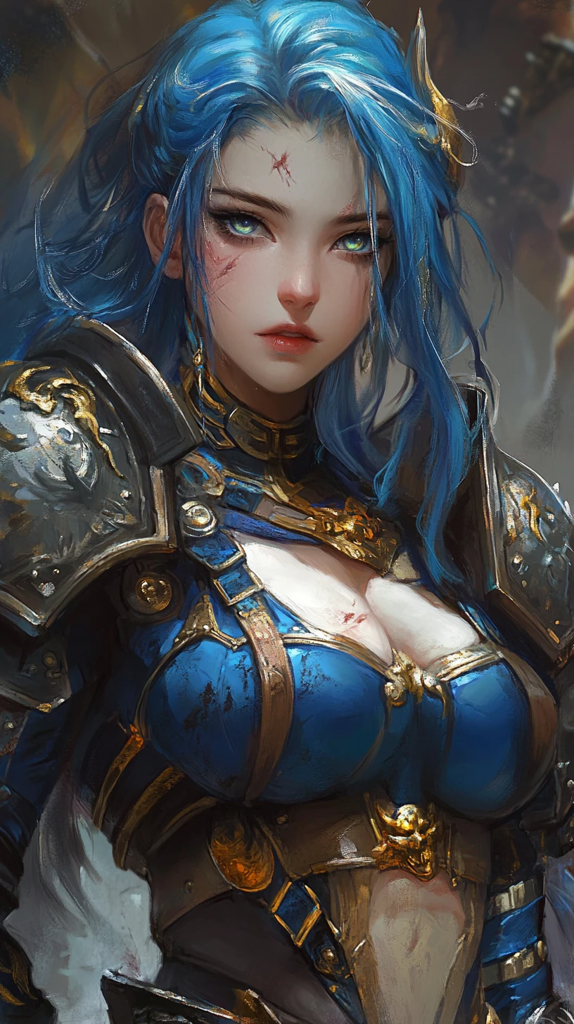 Scarred anime warrior woman in blue armor close up