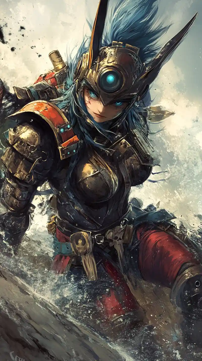 Close up of tattooed anime warrior woman in blue armor