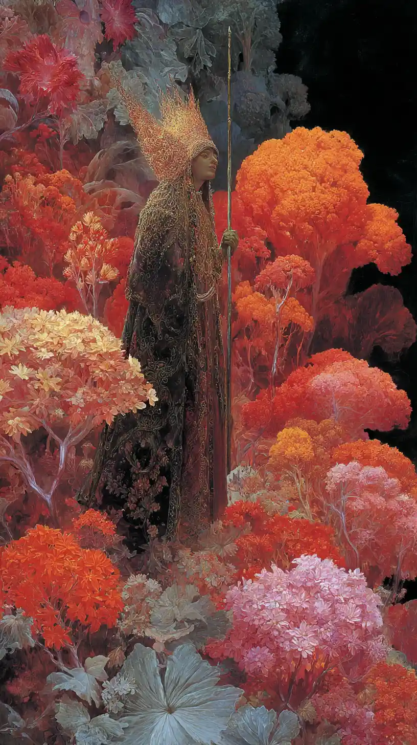 Surreal Fantasy Forest With Bioluminescent Shaman And Flowers
