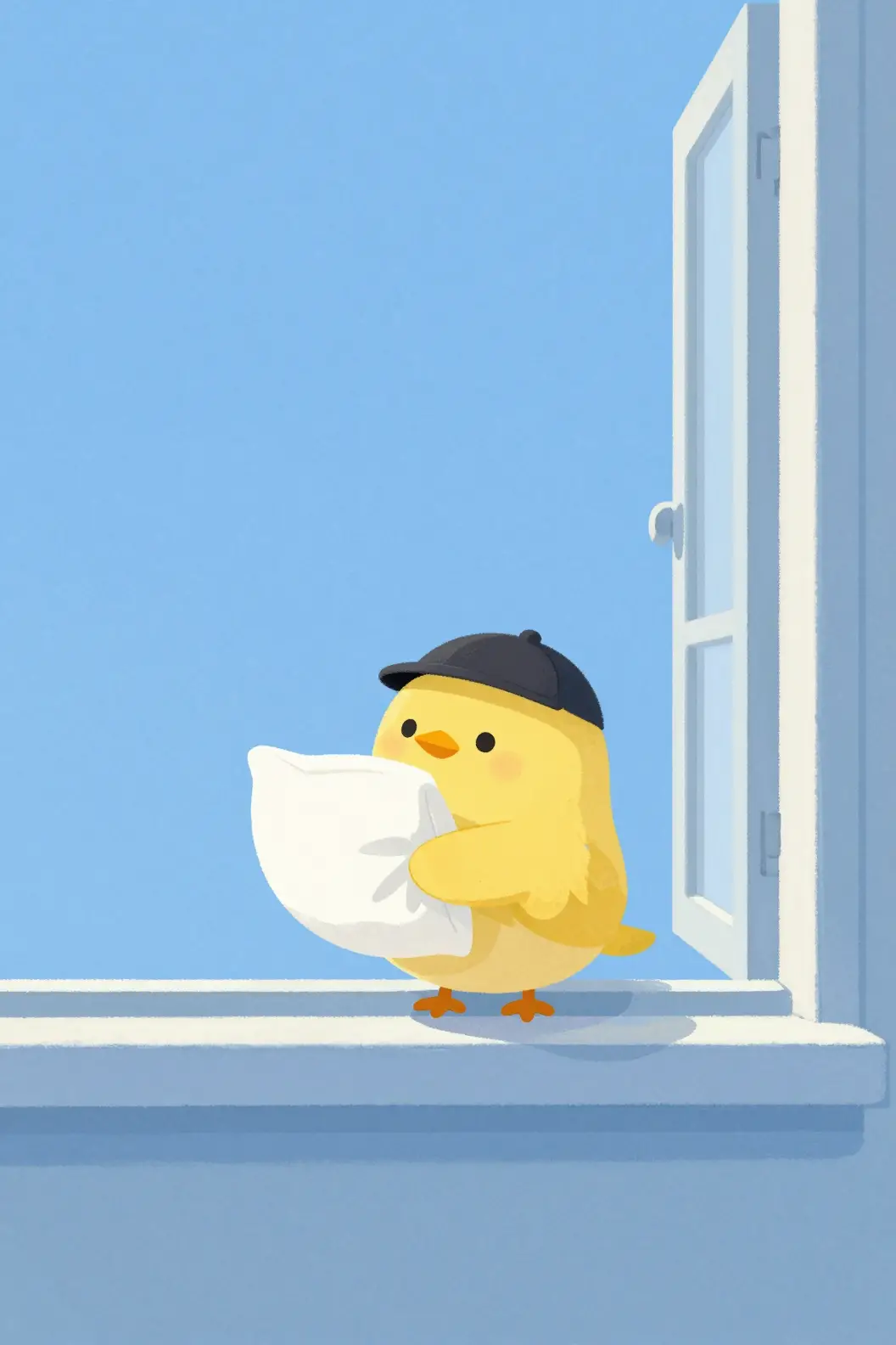 Cute cartoon bird with pillow on a quiet window sill