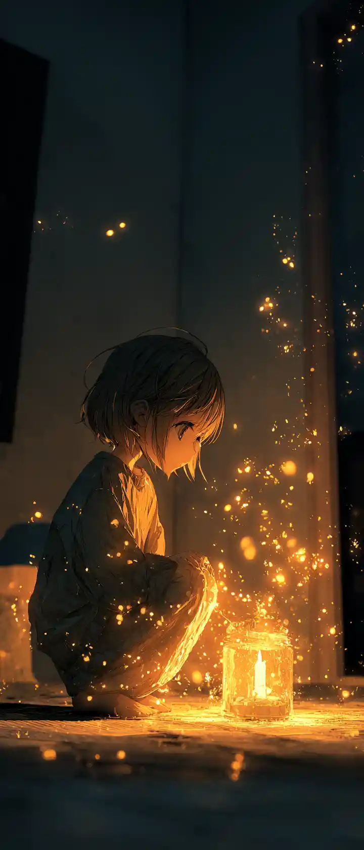 Anime child of candlelight guarding a fragile inner flame