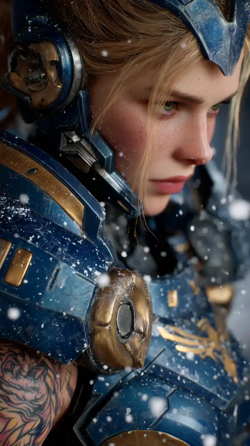 Armored blonde warrior woman in futuristic blue and gold suit