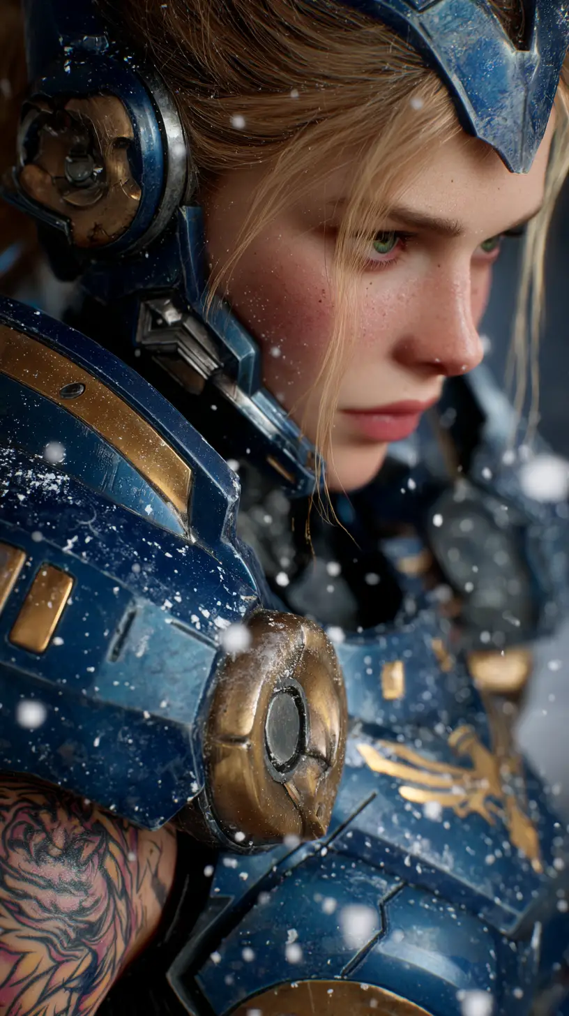 Armored blonde warrior woman in futuristic blue and gold suit