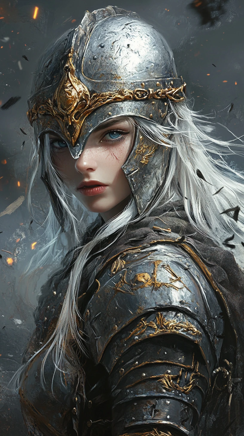 Silver haired female warrior in battered golden armor