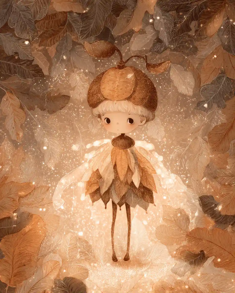 Autumn fairy child in a glowing magical forest