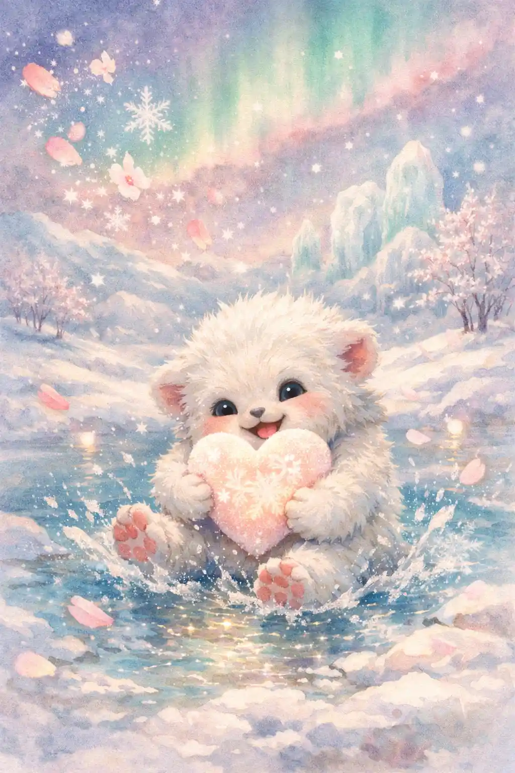 Cute baby yeti splashing in a magical icy pool
