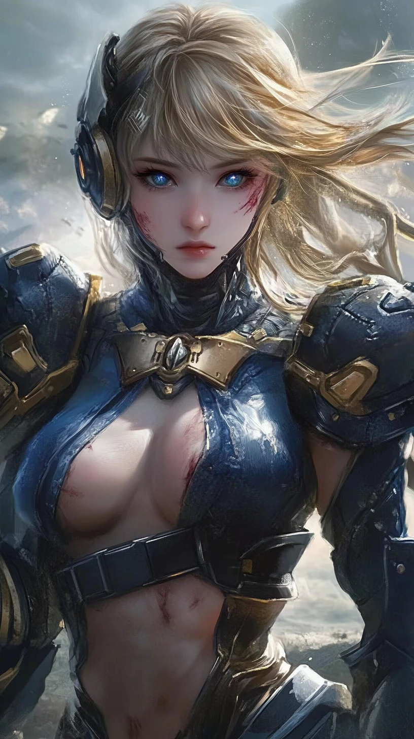 Guerriera anime sfregiata in elaborata armatura fantasy