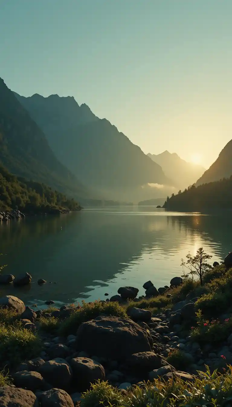 Stiller Bergsee bei Sonnenaufgang mit dramatisch-romantischer Stimmung
