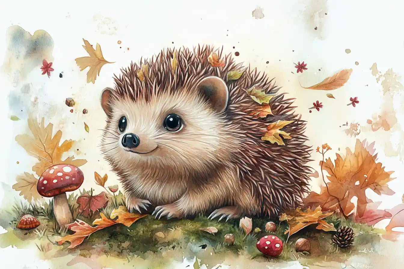 Cute Baby Hedgehog Watercolor On Mossy Forest Floor