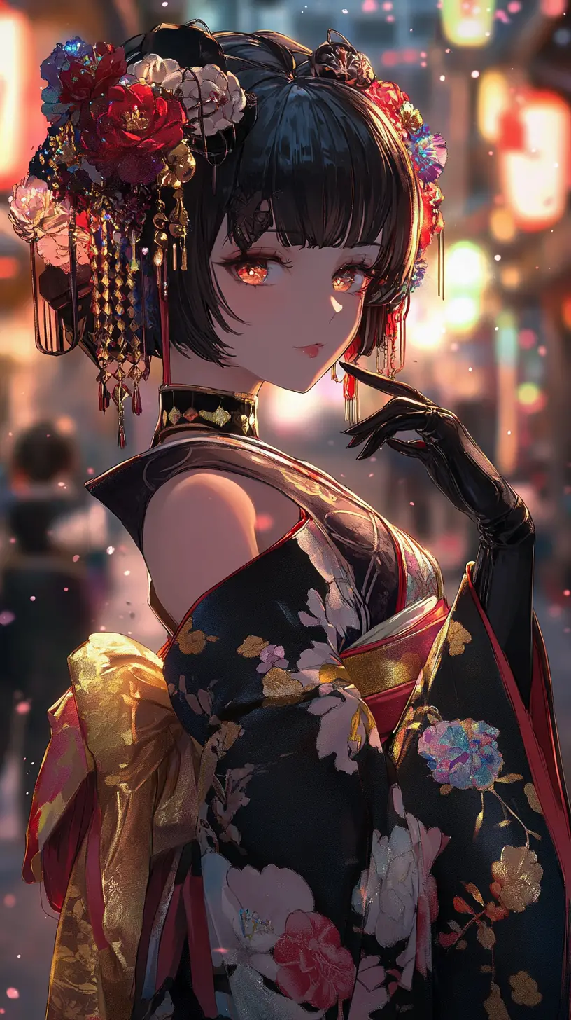 Shy anime heroine in floral kimono on Japanese street