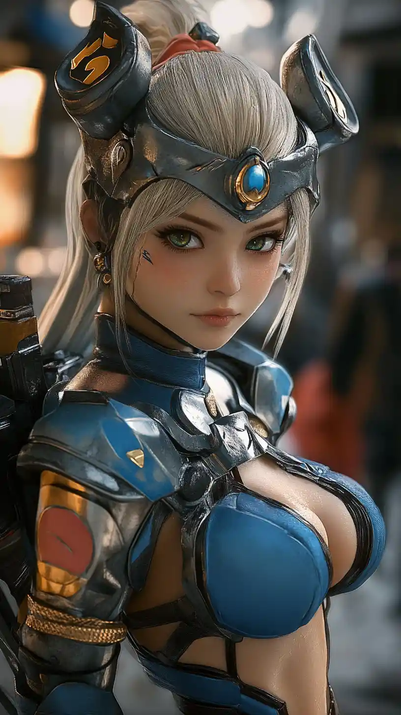 Primer plano de guerrera de anime tatuada con armadura