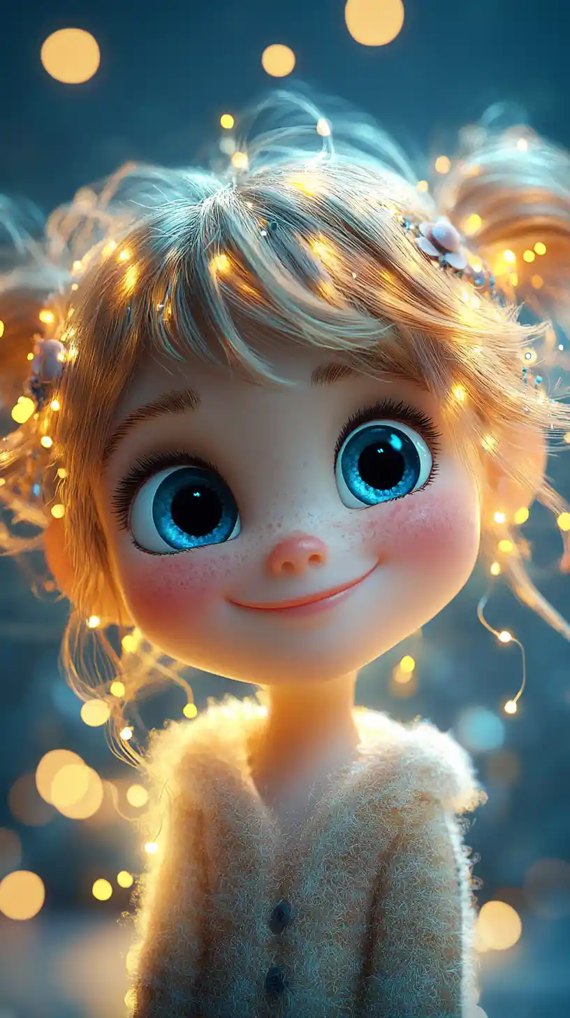 Smiling animated girl with glowing fairy lights