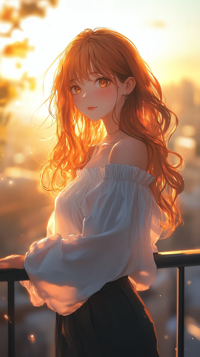 黃昏金色時刻陽光露台上的動漫少女