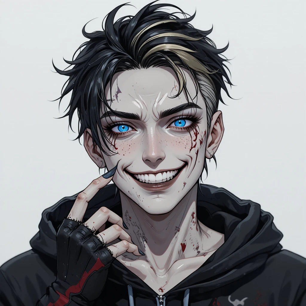 Hombre de anime con cicatrices y ojos azules hipnóticos sonriendo salvajemente