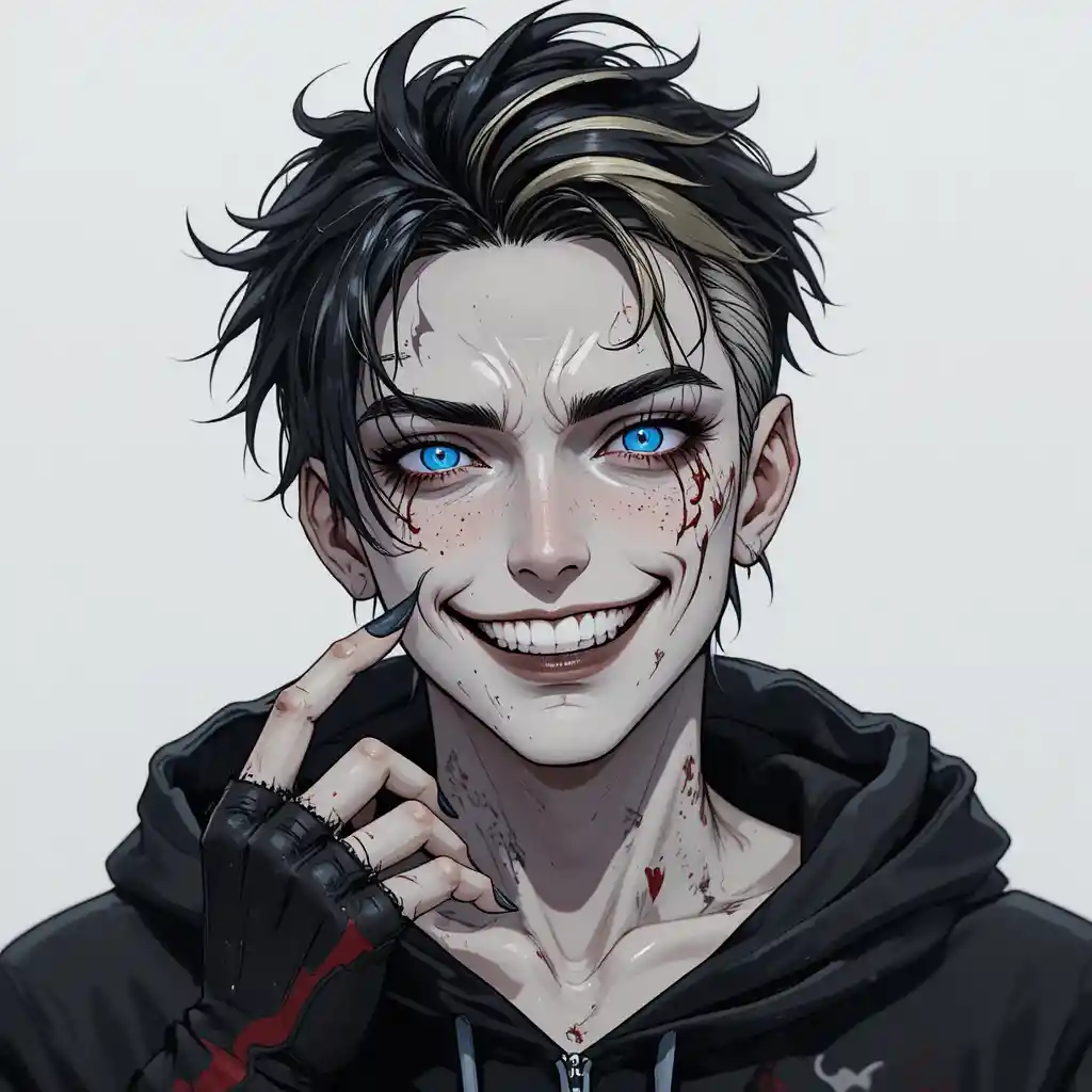 Hombre de anime con cicatrices y ojos azules hipnóticos sonriendo salvajemente