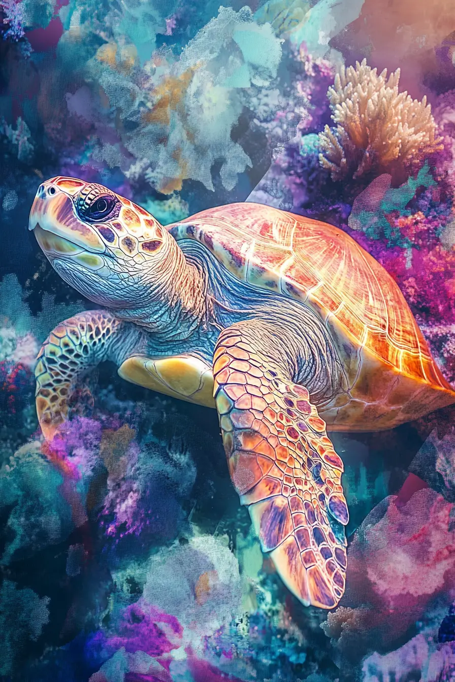 Subtropical coral reef with sea turtles and vibrant fish