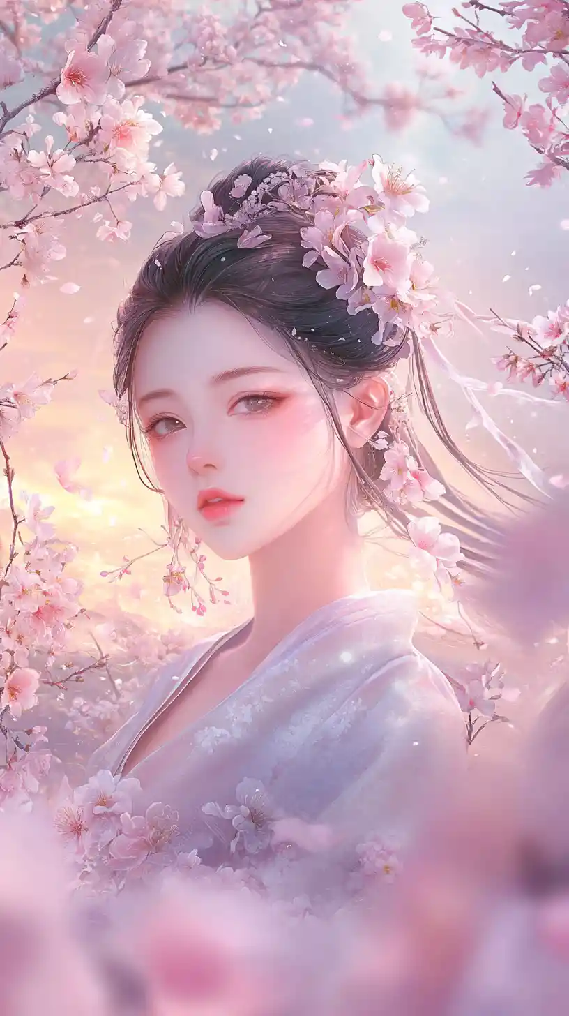 Elegant chibi woman in a serene floral fantasy garden