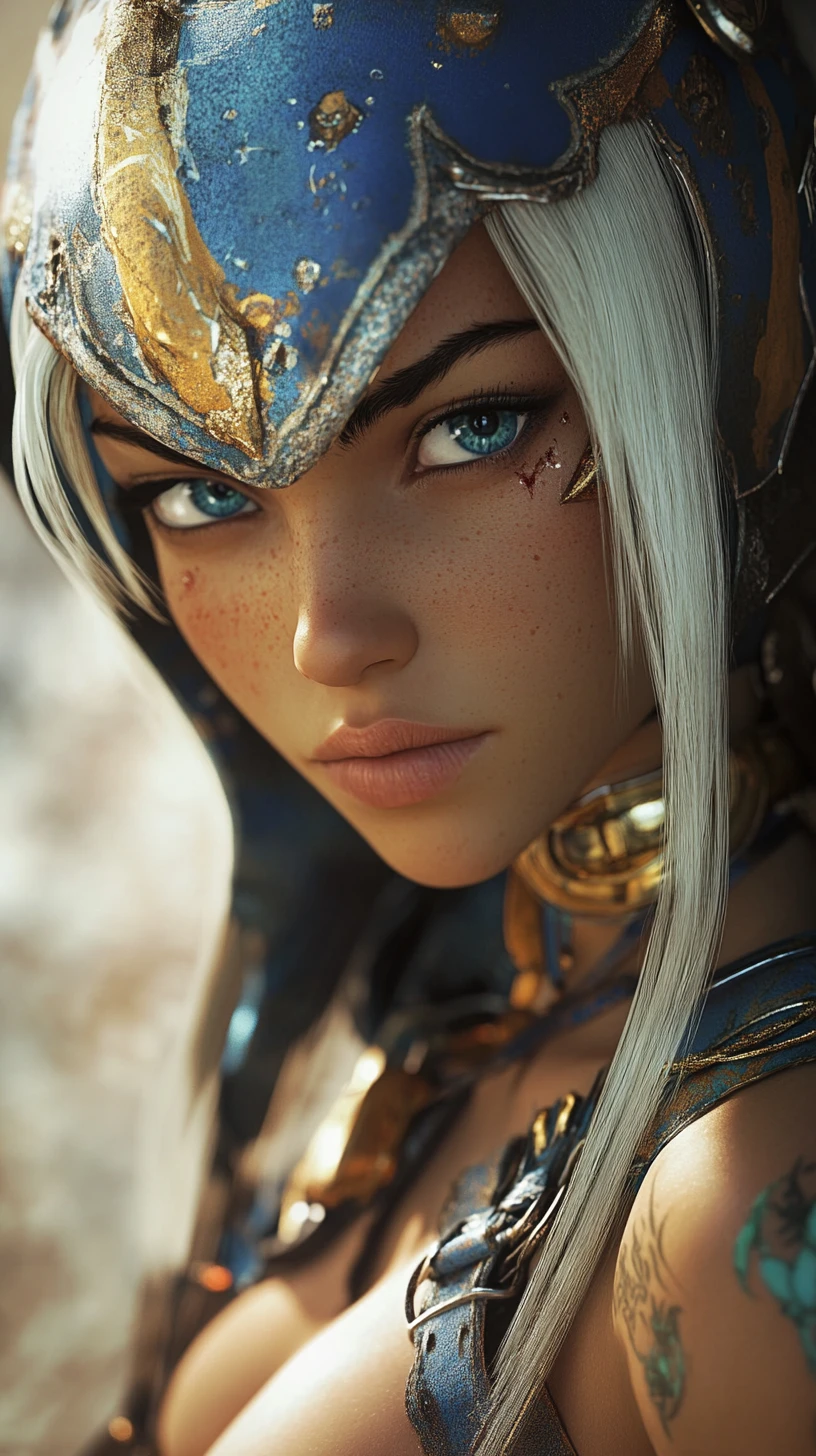 Scarred anime warrior woman in blue armor close up portrait