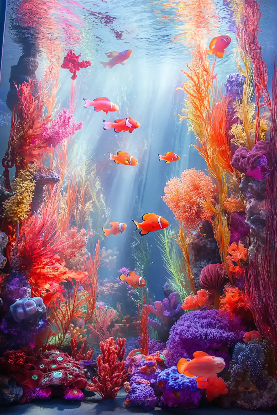 Subtropical underwater world with vibrant corals and sea turtles