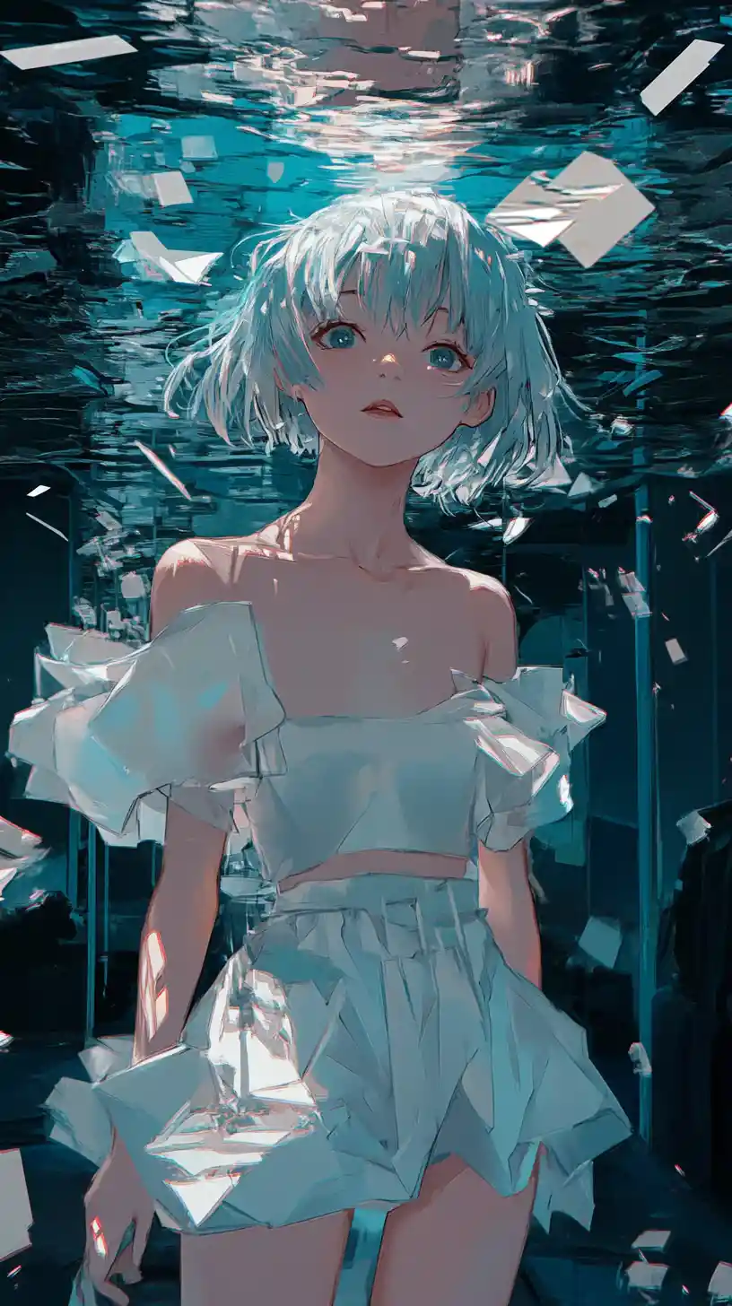 Anime girl in glitching corridor of broken digital mirrors