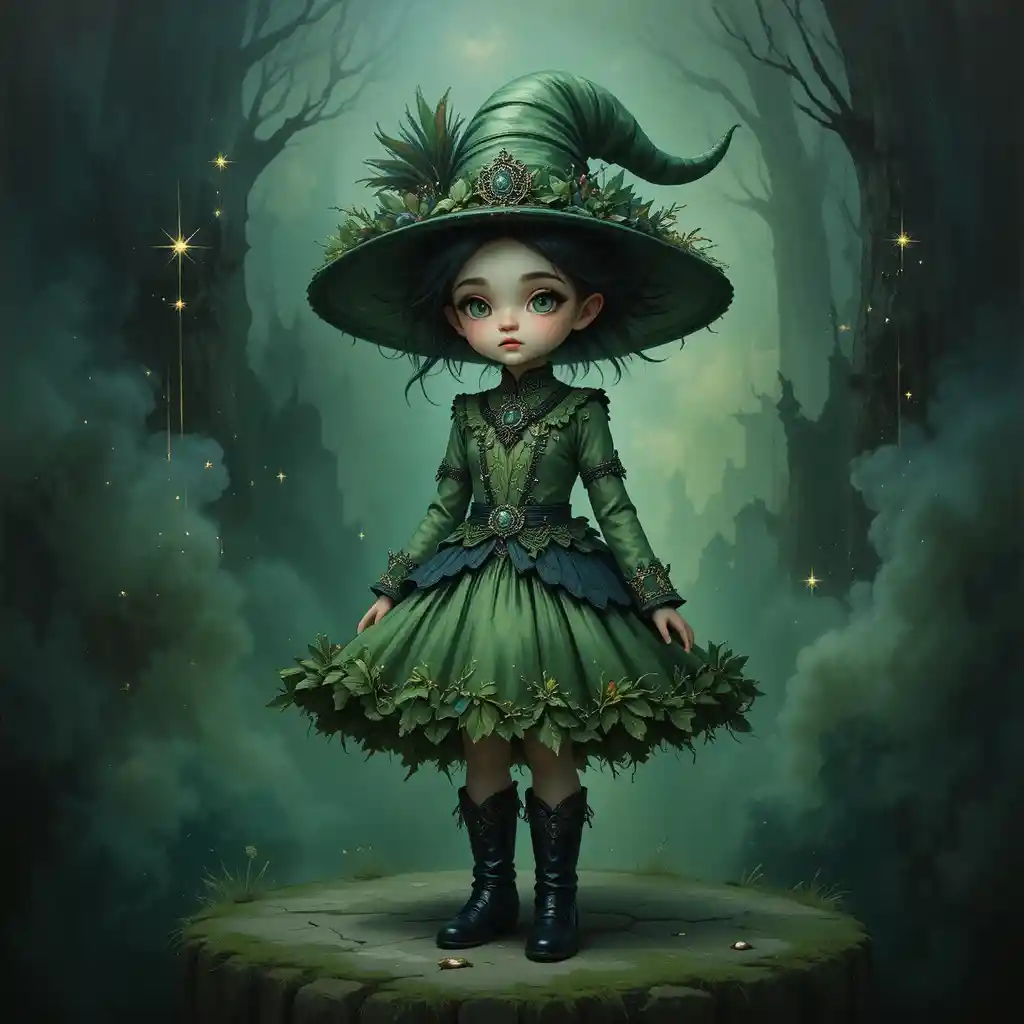 Gnome girl in green and black before misty sparkling fog
