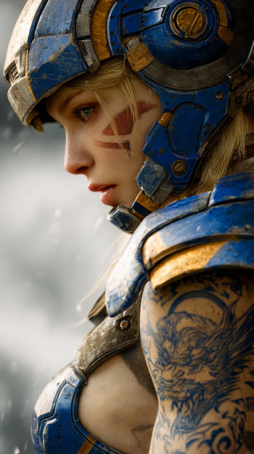 Blonde warrior woman in blue futuristic armor with dragon tattoo