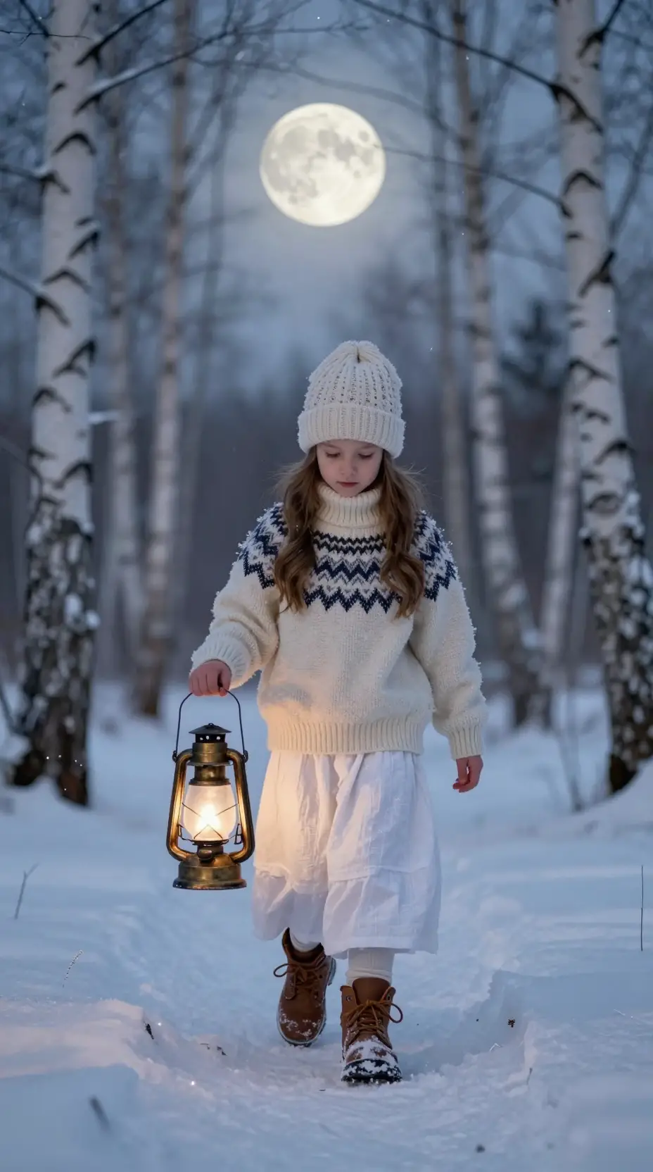 Young girl walking through a frozen birch forest