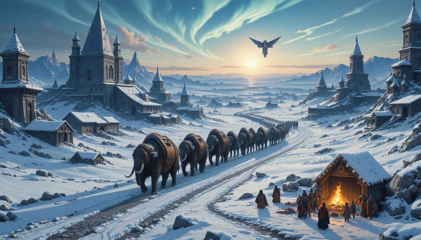 Procesión de mamuts a través de una ciudad fantástica nevada