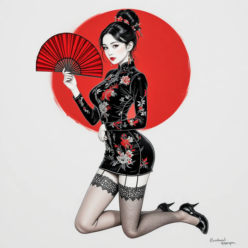 Mujer elegante con qipao negro sobre un intenso fondo rojo