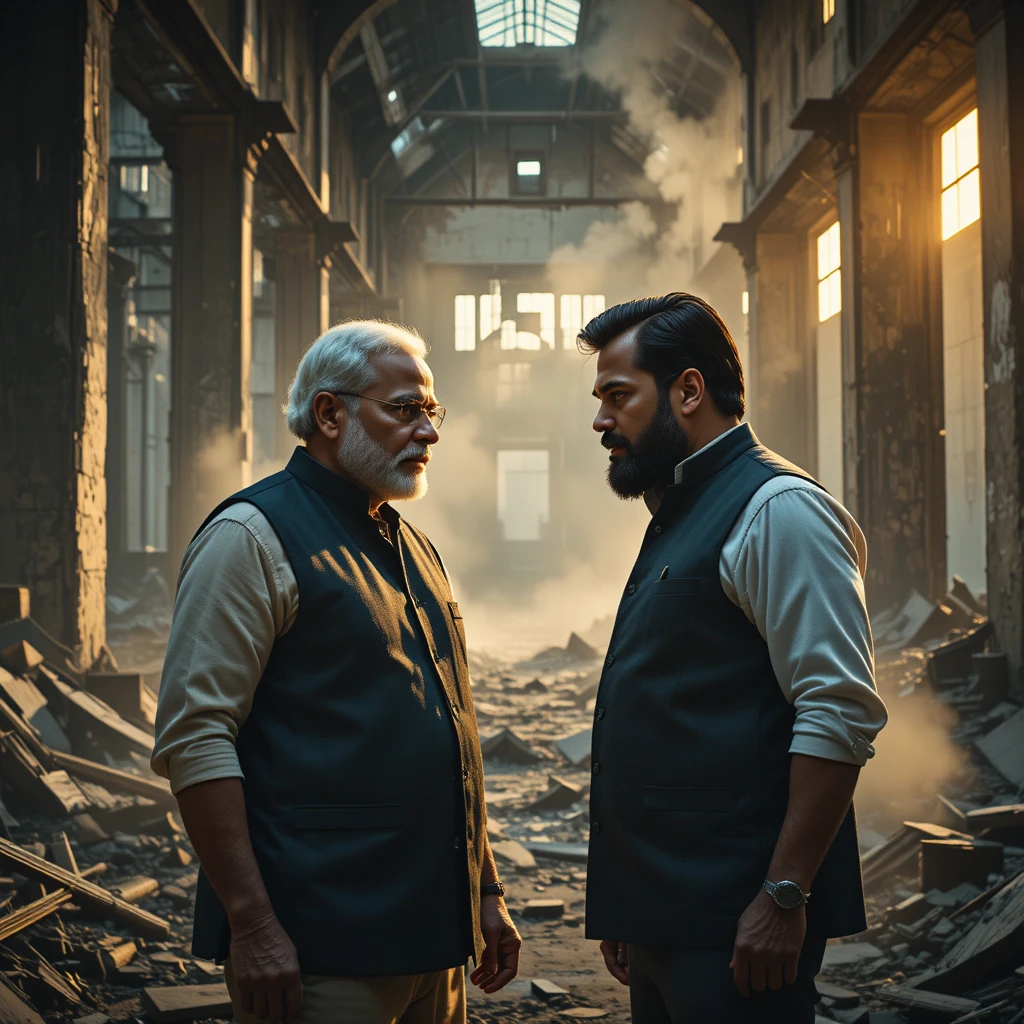 Two men confront each other in a ruined factory at sunset