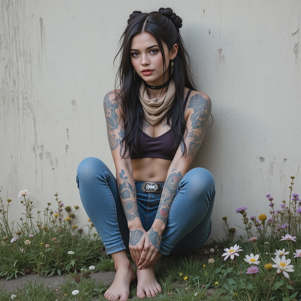 Punk girl with tattoos sitting barefoot by an old wall