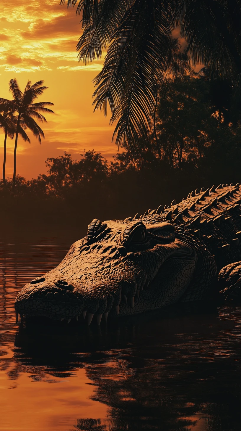 Crocodile Resting Beside Jungle River At Twilight