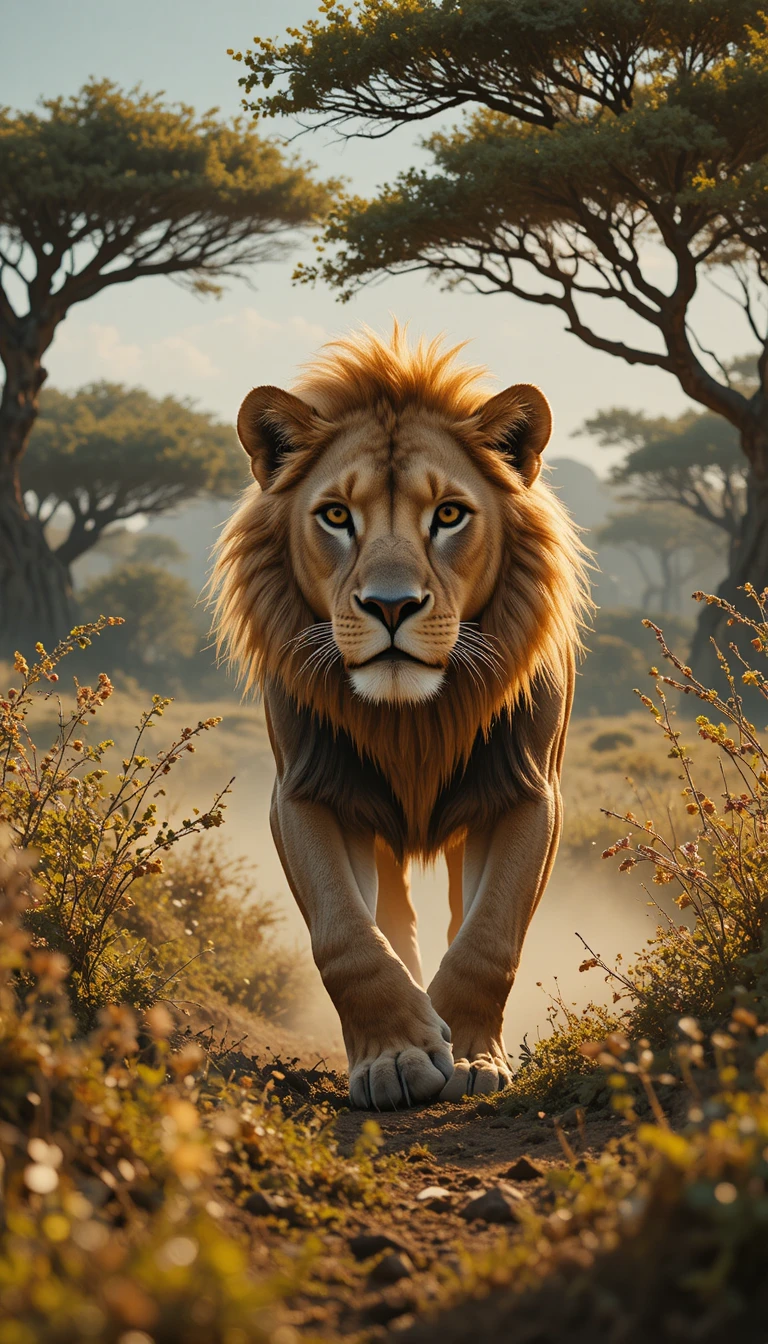 León majestuoso que deambula libremente por la sabana africana