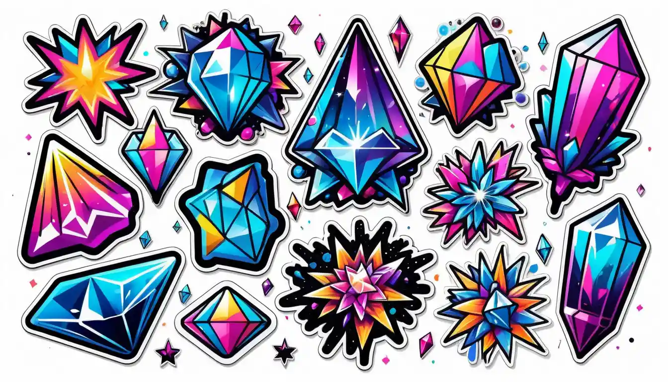 Foglio di adesivi di cristalli colorati in stile fantasy neon