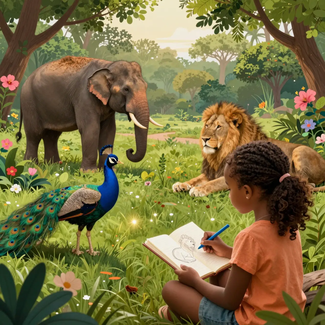 Young girl sketching by the lion enclosure at sunset