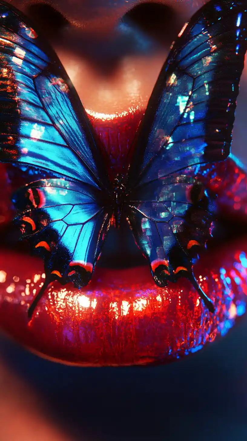 Butterfly fragments dissolving across glossy red surreal lips