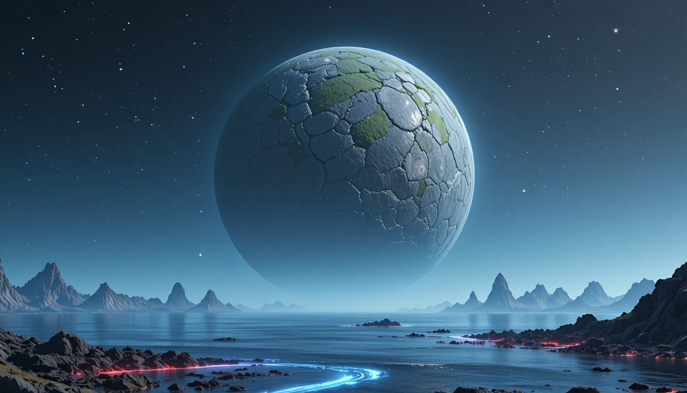 Planeta alienígena retorcido sobre océano calmo y brillante de noche