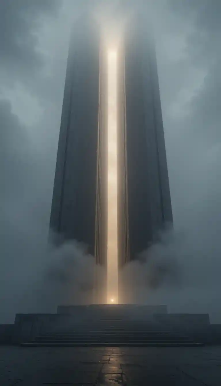 Monument minimaliste s’élevant dans le brouillard avec un faisceau de lumière central