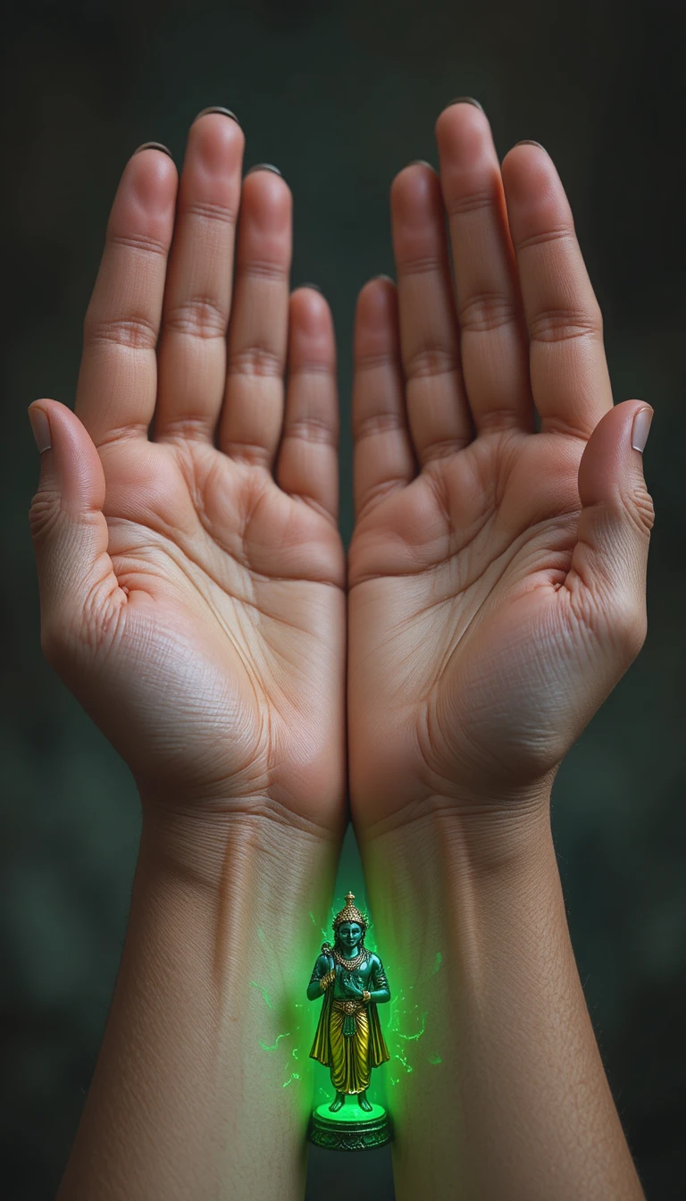 Close up human palms with small divine figure
