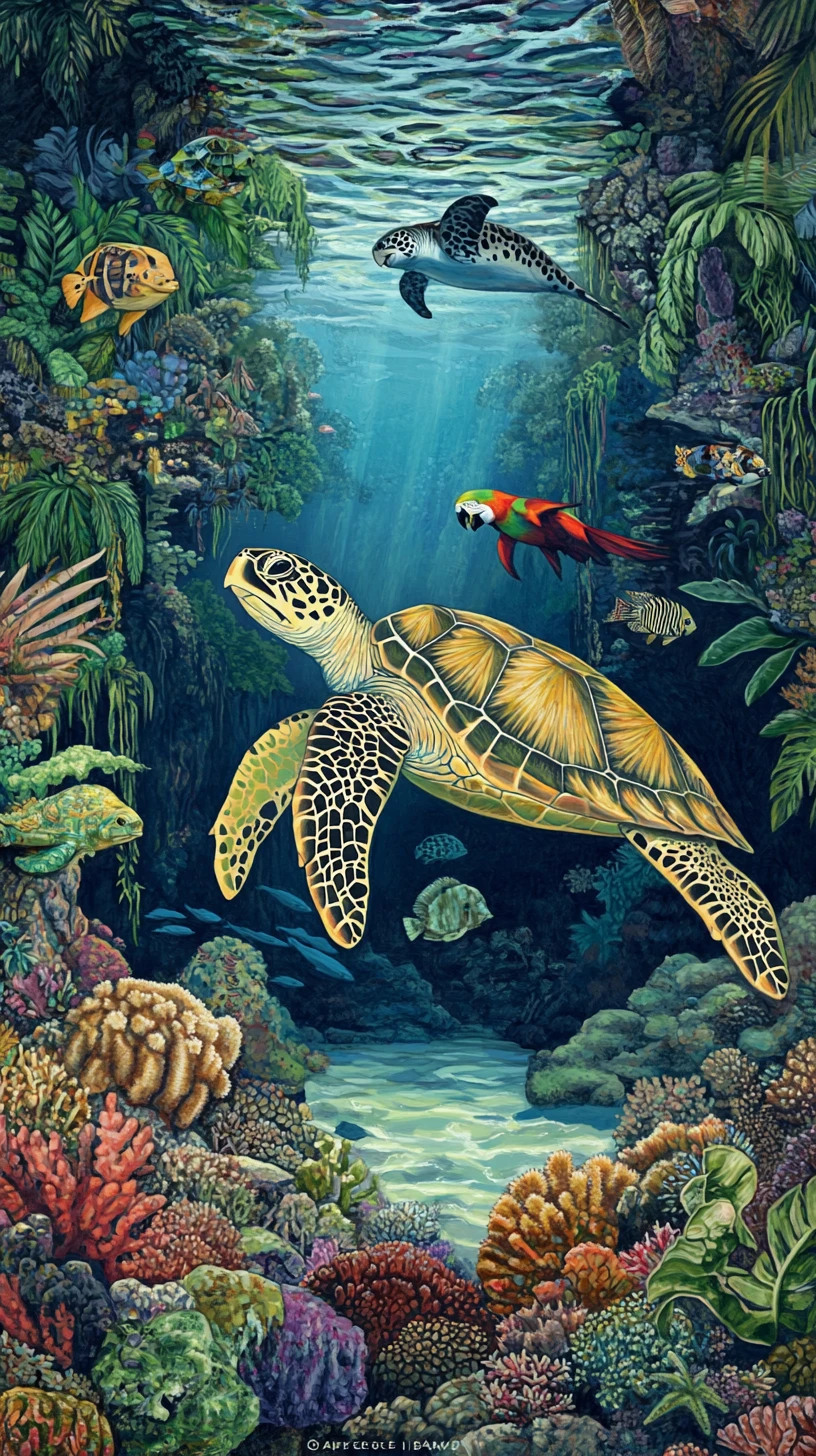 Majestic sea turtle above coral reef in tropical wildlife scene