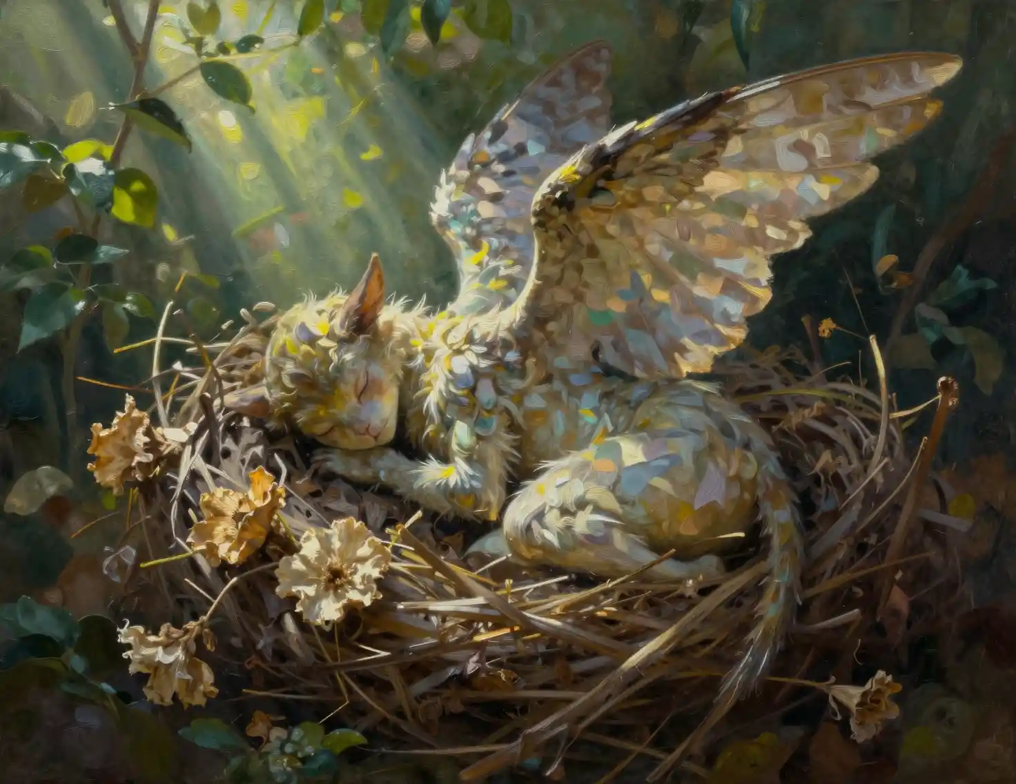 Tiny winged sprite sleeping in a nest of dried flowers
