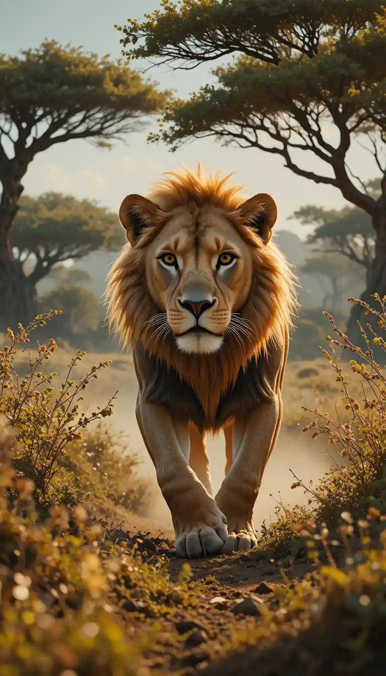 Majestic lion roaming freely across the African savanna