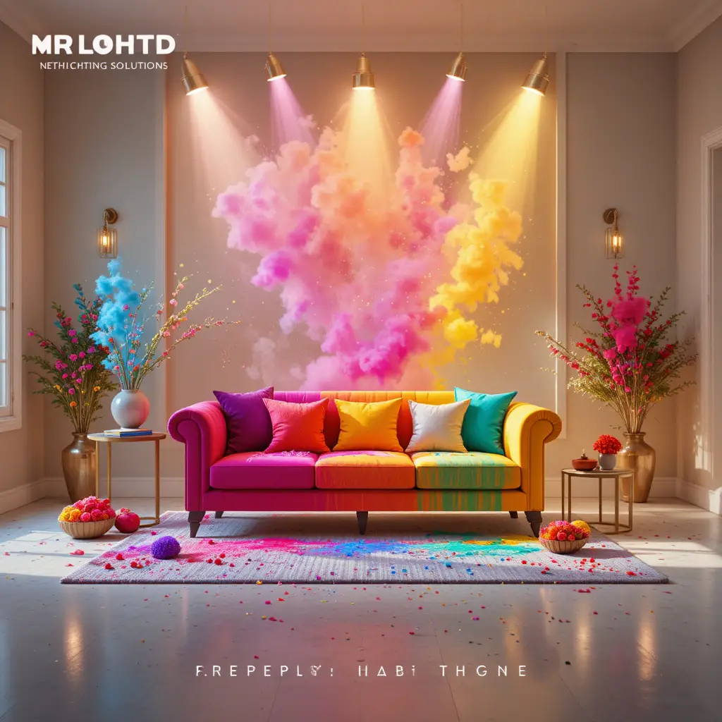 Luxury holi poster with colorful sofa and soft glowing lights